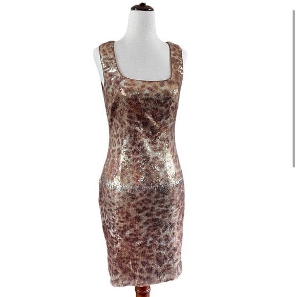 Cache Mini Party Dress 1980s Leopard Print Sequined Cut Out Back Size 4 - Picture 2 of 9